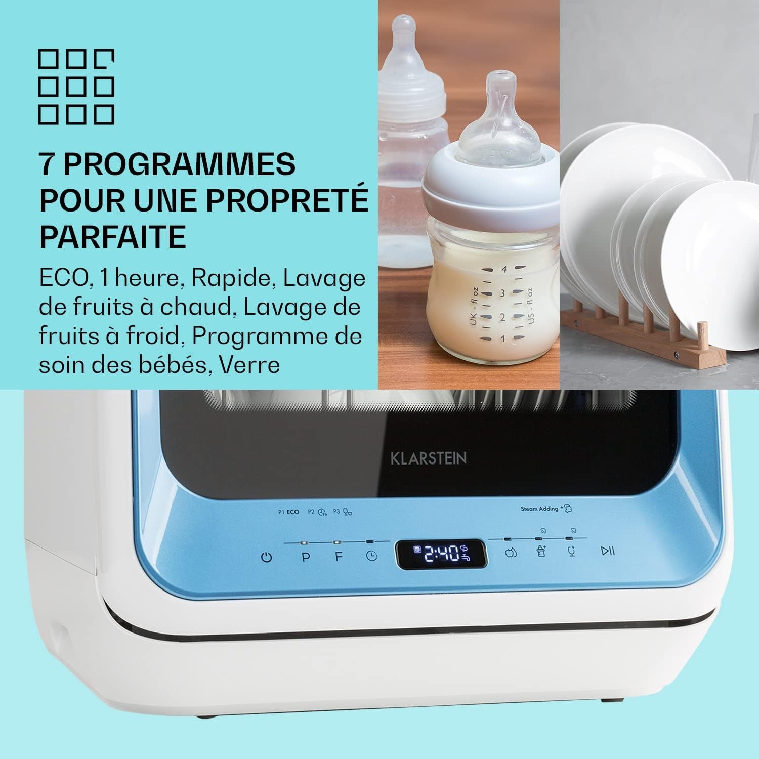Mini Lave Vaisselle De 2 Couvert, Silencieux, 7 Programmes De Lavage, Petit Lave-Vaisselle De Table Compact, Portable, Facile À Installer Pour Maison, Bureau