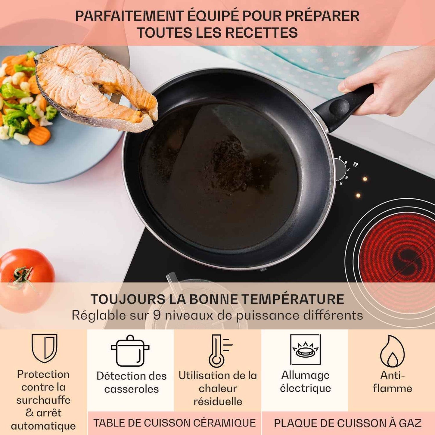 Plaque De Cuisson Gaz Et Vitrocéramique 4 Feux, Table De Cuisson À Gaz, Plaque Et Vitro De 6.4Kw En Acier Inoxydable, De Vitroceramique Encastrable, Mixte