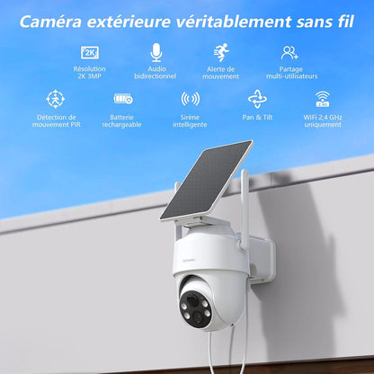 2K 3MP Camera Surveillance Wifi Exterieure Sans Fil 2,4 Ghz, R1-2P | Camera Exterieur Sans Fil Solaire, Alerte Instantanée PIR, Suivi Intelligent, Vision Nocturne, Audio Bidirectionnel, Alexa