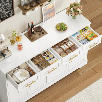 Buffet Cuisine, 150 Cm Meuble Cuisine Avec 4 Tiroirs 4 Portes, Blanc | Buffet Salle a Manger Avec Poignées Dorées, Meuble De Rangement Pour Salon, Cuisine, Couloir, 150×40×92 Cm