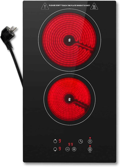 Plaque Vitrocéramique 2 Feux, Plaque De Cuisson Electrique 30Cm, Electrique Plaque Encastrable, Commande Tactile, 3000W 9 Niveaux De Puissance, Minuterie 1-99 Min, Pour Toutes Les Casseroles