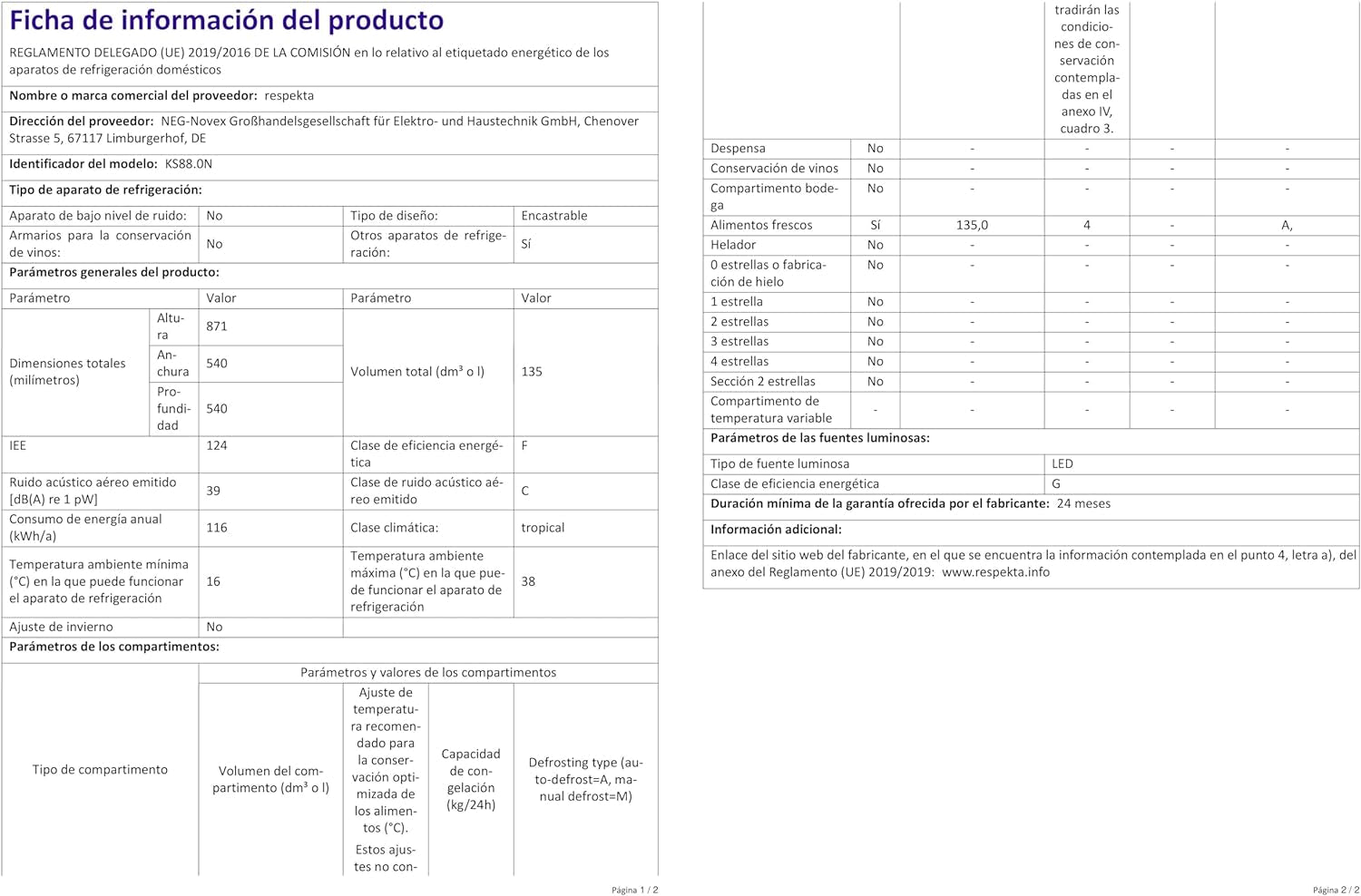 Respekta Réfrigérateur Encastrable Sans Congélateur 88 Cm / Capacité 134 L / Charnières De Porte Interchangeables / Décongélation Automatique / Max. 38 Db / KS88.0 / Blanc