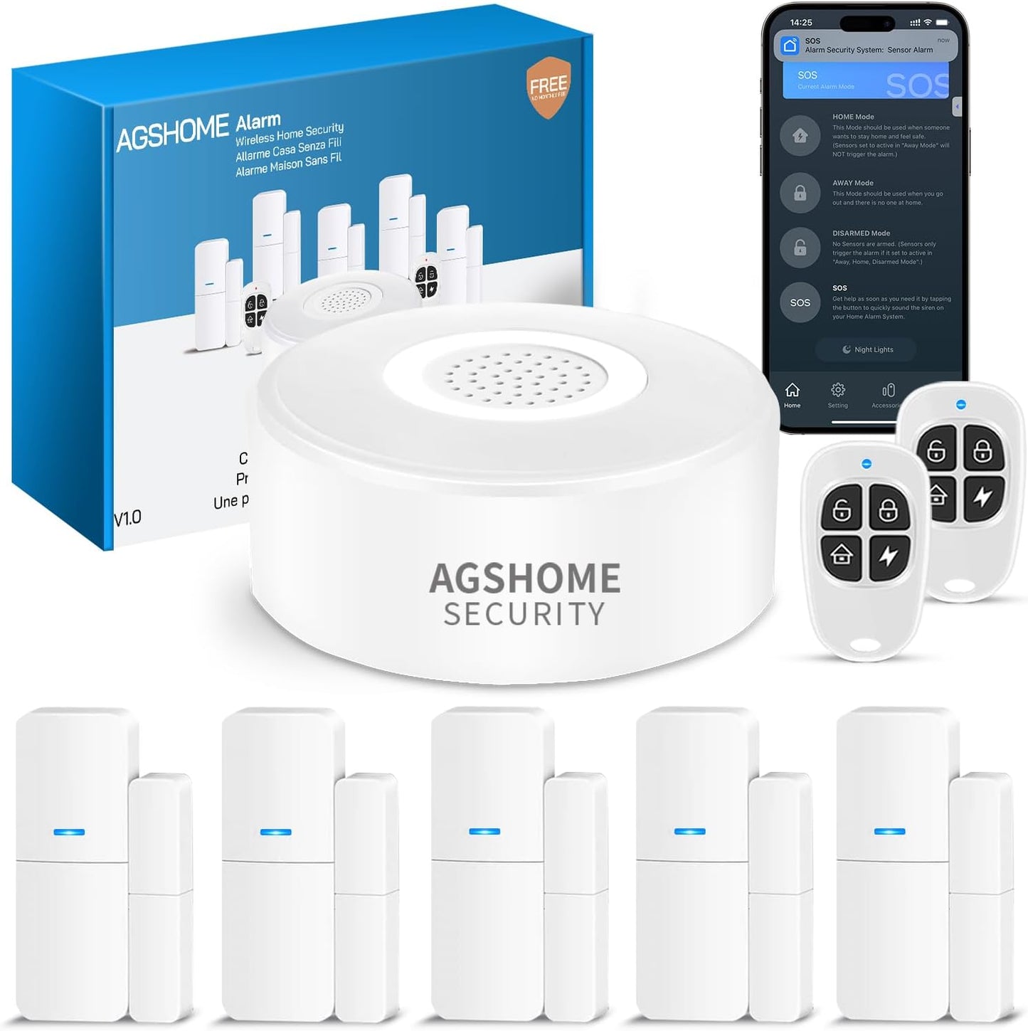 Alarme Maison Sans Fil Intelligent Wifi - Alarme De Porte, 1 Alarme Avec Sirène, 5 Capteurs De Fenêtre Et De Porte, 2 Télécommande, Compatible Avec Alexa, Google Assistant | Notifications via L’Application Sans Abonnement, Contrôle À Distance, Installatio