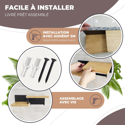 ® Porte Papier Toilette Mural En Bois De Bambou [Sans PERCAGE] | Derouleur Papier Toilette De Haute Qualité Avec Étagères | Blanc | Porte Rouleaux De Papier Toilette