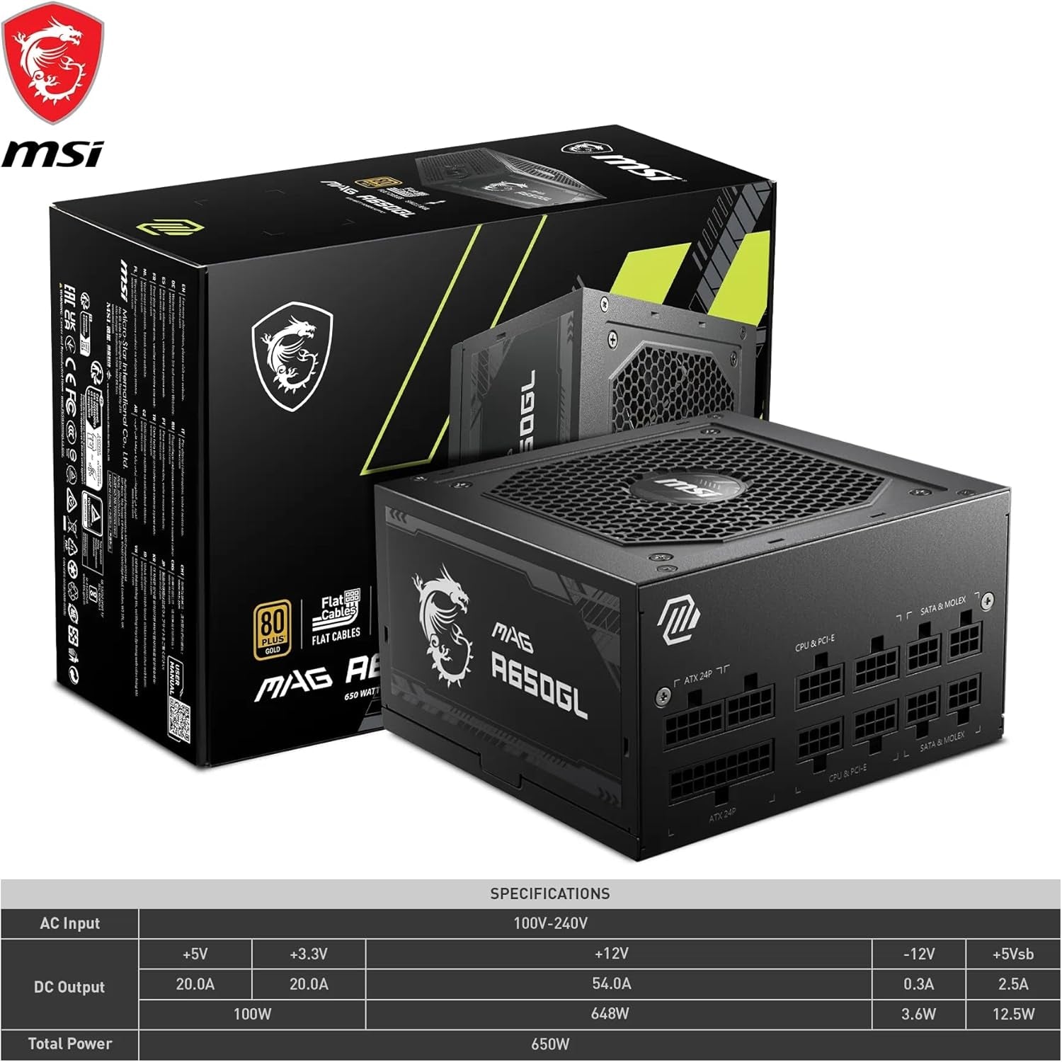 MSI MAG A650GL Alimentation Modulaire ATX, 80 plus Gold | 650W, Ventilateur FDB 120 Mm À Roulement Hydrodynamique, Full-Bridge LLC, Câbles Plats Noirs, Garantie 7 Ans