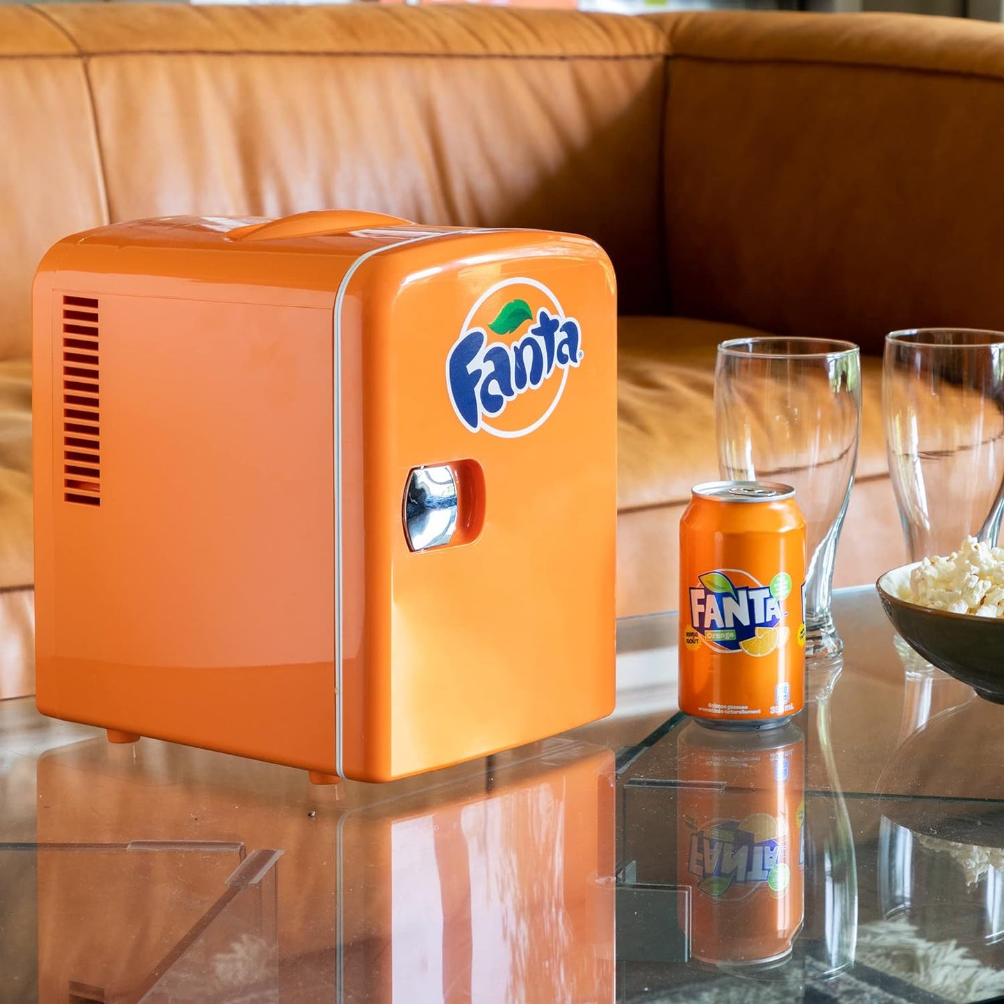 Coca Cola Fanta Portable 6 Can Thermoelectric Mini Fridge Cooler/Warmer, 4 L/4.2 Quarts Capacity, 12V DC/110V AC Plugs Included Great for Home, Car, Skincare, Cosmetics, Medication