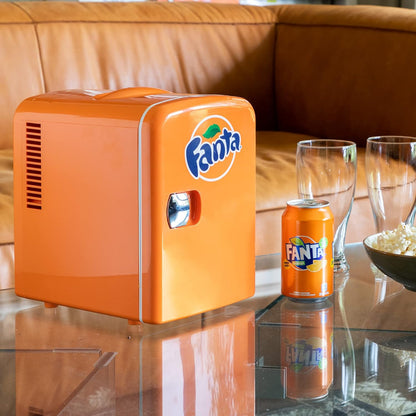 Coca Cola Fanta Portable 6 Can Thermoelectric Mini Fridge Cooler/Warmer, 4 L/4.2 Quarts Capacity, 12V DC/110V AC Plugs Included Great for Home, Car, Skincare, Cosmetics, Medication