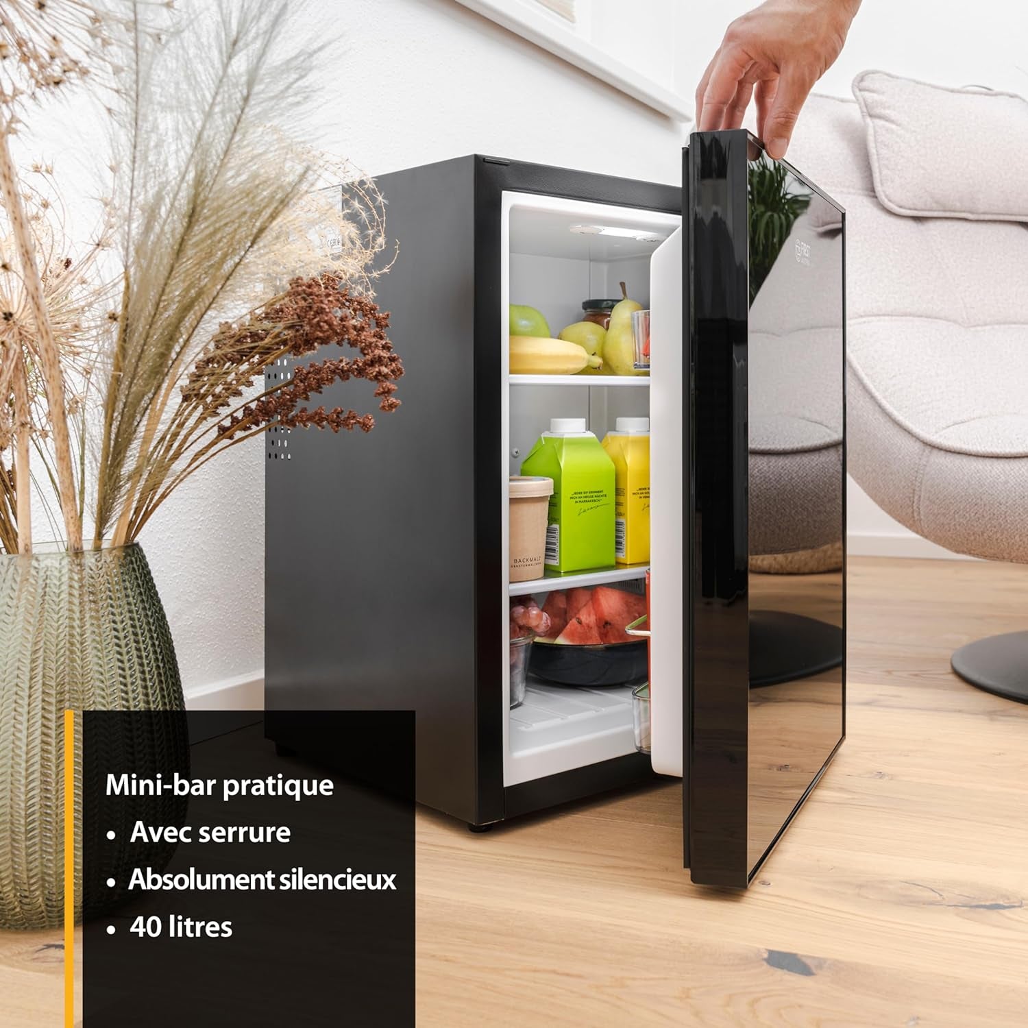TZS First Austria Mini Frigo De Chambre 40L - Petit Frigo Silencieux Sans Congélateur, Réfrigérateur À Boissons Avec Clé, Butée De Porte Interchangeable, Idéal Pour Hôtel