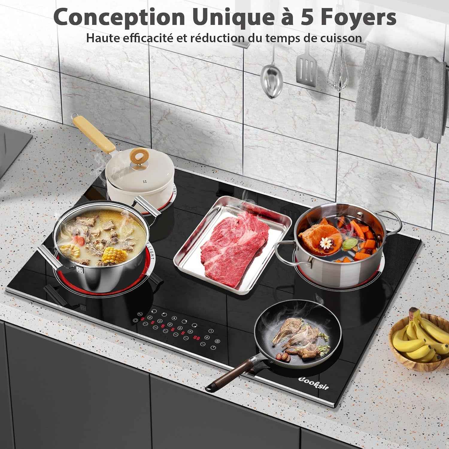 Plaque Vitrocéramique 5 Feux Avec Cadre | Plaque Électrique Encastrable 77CM, Contrôle Tactile Indépendant, 8400W, Zone Ovale Pour Grillade, Pause, Minuterie, 220V