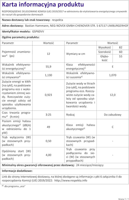 Respekta Lave-Vaisselle Entièrement Intégré 60 Cm / Lave-Vaisselle Encastré Avec Panier À Couverts / 4 Programmes / Départ Différé / 12 Couverts / GSP60VV / Silencieux 49 Db