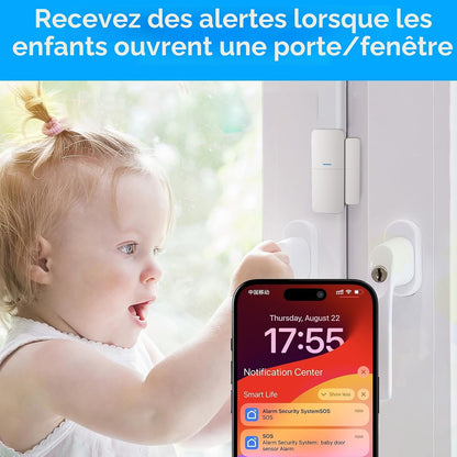 Alarme Maison Sans Fil Intelligent Wifi - Alarme De Porte, 1 Alarme Avec Sirène, 5 Capteurs De Fenêtre Et De Porte, 2 Télécommande, Compatible Avec Alexa, Google Assistant | Notifications via L’Application Sans Abonnement, Contrôle À Distance, Installatio