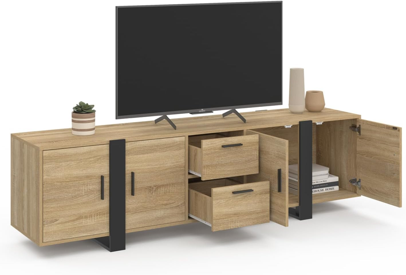 - Meuble TV 180 Cm Phoenix Avec Rangements Bois Et Noir