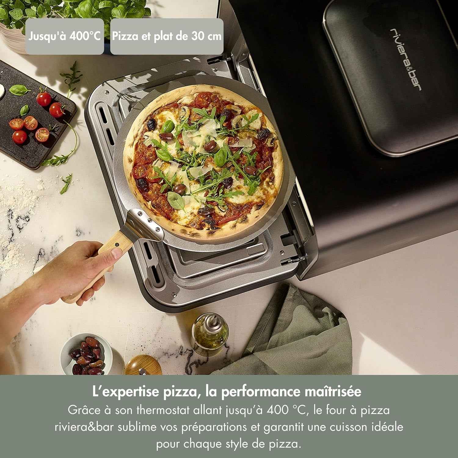 Riviera&Bar Four À Pizza - Four Compact Et Polyvalent, Haute Température - Programmes Variés Dont Air Fryer, Écran Digital Intuitif - Utilisation Intérieure Et Extérieure - Accessoires Inclus