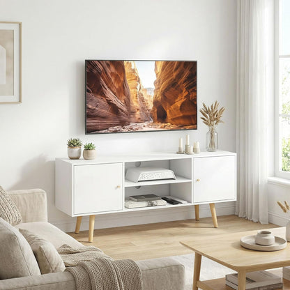 Meuble TV 120 Cm Pour Téléviseur Jusqu'À 55 Pouces Blanc | Meuble Télé, 2 Placards, 2 Étagères Ouvertes, Banc TV Moderne, Salon, Chambre À Coucher
