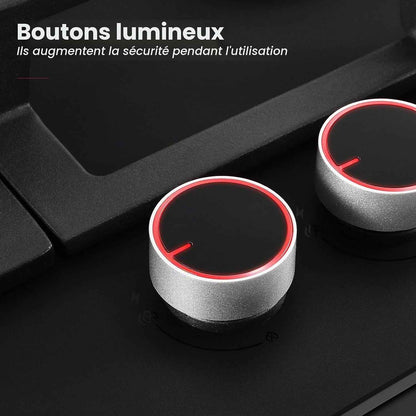 PRO GH2604BG1FC Plaque De Cuisson 4 Feux En Verre, Table De Cuisson Avec Boutons Éclairés, 60 Cm Avec Brûleurs En Laiton, Compatible Butane, 8000 W