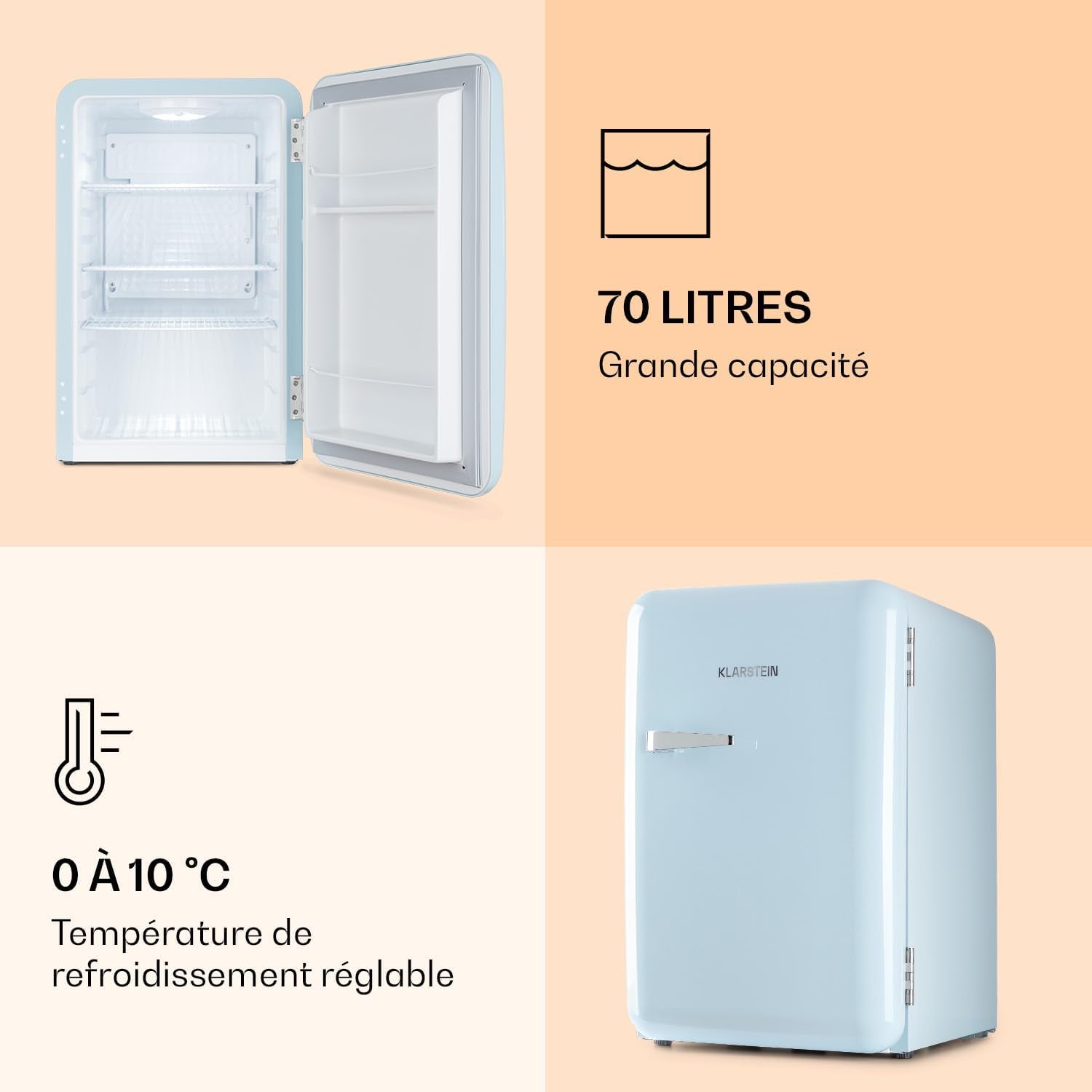 Audrey Mini - Petit Réfrigérateur, Mini-Bar Compact, Pose Libre, Réfrigération Par Compression, Capacité, Réfrigération : 0-10 °C, Mini-Réfrigérateur De 70 Litres, Bleu