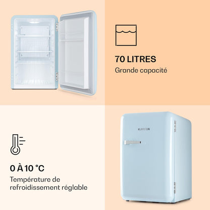 Audrey Mini - Petit Réfrigérateur, Mini-Bar Compact, Pose Libre, Réfrigération Par Compression, Capacité, Réfrigération : 0-10 °C, Mini-Réfrigérateur De 70 Litres, Bleu