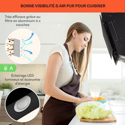 Hotte Aspirante 90Cm, Hottes De Cuisine Inclinées, Filtre De Hotte En Aluminium, Débit D'Air Puissant 641M³/H, LED, Ecran Tactile, Extracteur D'Air Silencieux, Efficace Avec Evacuation