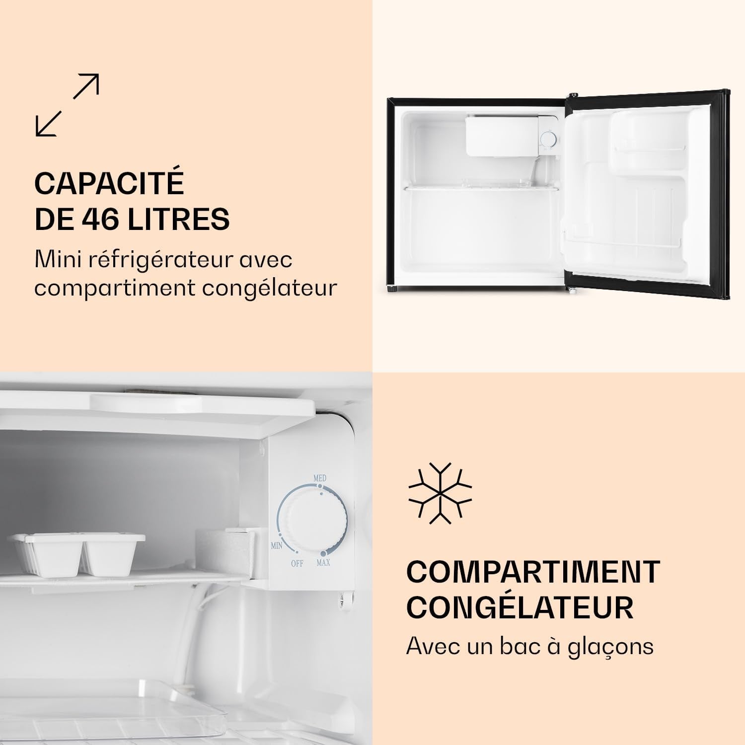 Mini Frigo De Chambre Pour Boissons, Petit Frigo Silencieux, Mini Bar Intérieur, Bières, Petit Refrigerateur Camping, Bureau, Bac À Glaçons, Dégivrage Manuel, Frigo Cosmetique, 0-10°C, 46L