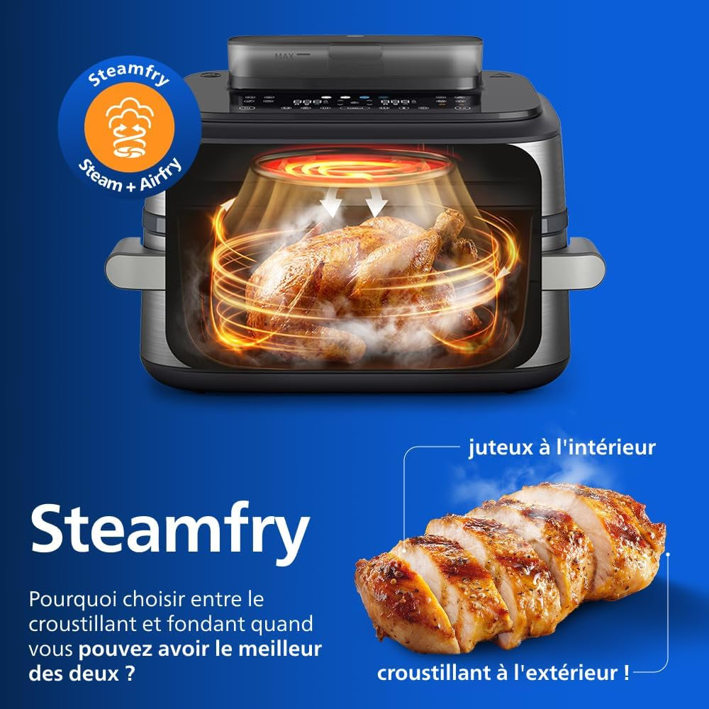 Airfryer 5000 - Air Fryer Panier Flexible 9.5L, Cuisson Vapeur | Megabasket 9.5L Ou 3+6L, Séparateur Amovible, 28 Modes,Technologie Rapidair & Steamfry, Auto Steamclean, Inox (NA565/00)