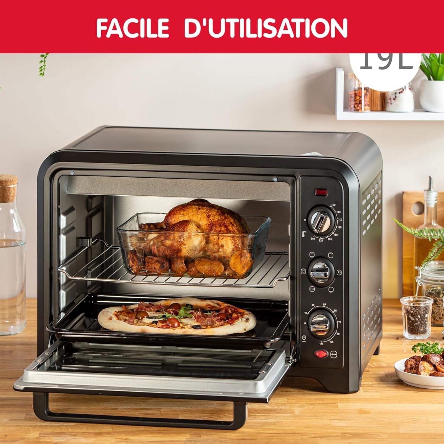 Four Électrique Posable 19 L, Compact, Chaleur Tournante, 6 Modes De Cuisson, Thermostat Réglable Jusqu’À 240°C, Minuteur 120 Min, Grille Réversible, Lèche Frites, Optimo Noir OX444810