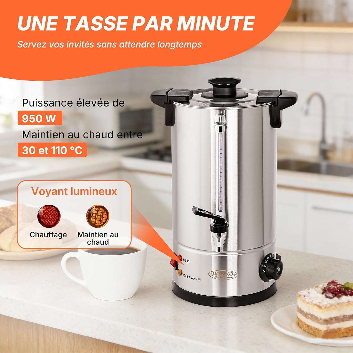 Hakka Percolateur À Café 7L/50 Tasses, Professionnelle Percolateur En Acier Inoxydable, Grand Distributeur De Café, Commercial Percolateurs Électrique Avec Indicateur De Niveau D'Eau (Max: 5,7L)