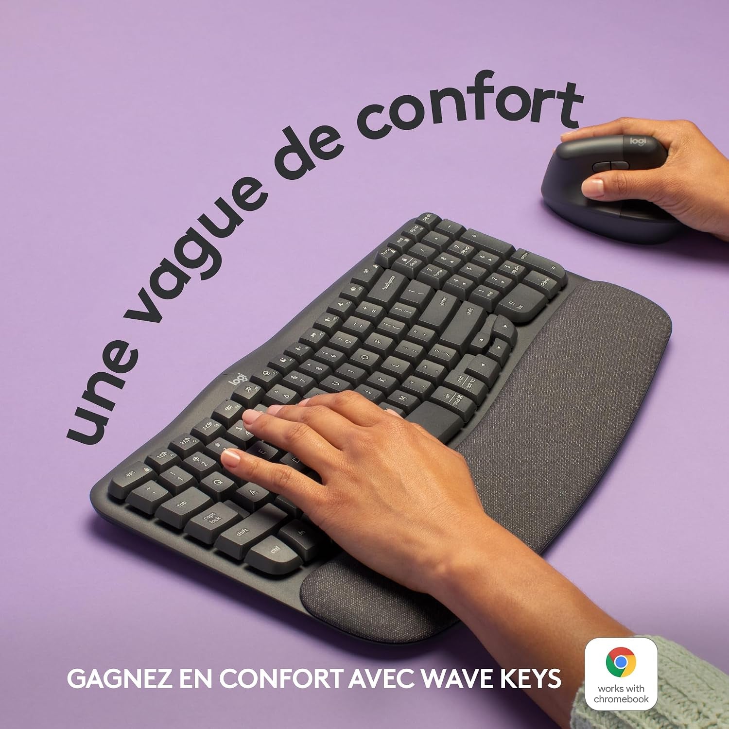 Wave Keys - Clavier Ergonomique Sans Fil (Graphite) | Repose-Poignets Rembourré, Frappe Naturelle, Easy-Switch, Bluetooth, Récepteur Logi Bolt, Multi-Se, Windows/Mac, AZERTY