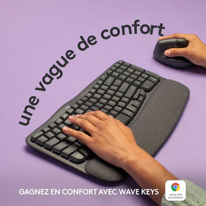 Wave Keys - Clavier Ergonomique Sans Fil (Graphite) | Repose-Poignets Rembourré, Frappe Naturelle, Easy-Switch, Bluetooth, Récepteur Logi Bolt, Multi-Se, Windows/Mac, AZERTY