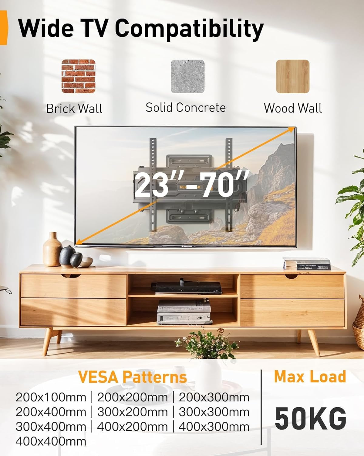 Support Mural TV Orientable Et Inclinable Pour TV De 23 À 70 Pouces Jusqu'À 50 Kg, Support TV Ajustable Avec Inclinaison, Max VESA 400X400Mm, PGMF18