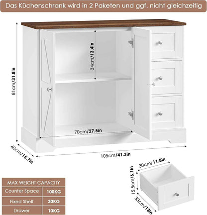 Meuble De Rangement, Buffet Cuisine, Blanc Et Marron | 3 Tiroirs Et 2 Portes, Meuble Cuisine Placard Pour Cuisine, Salle À Manger, Salon