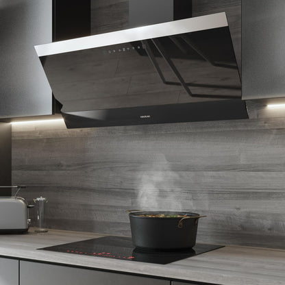Hotte Aspirante 90Cm Bolero Flux DT 906500 Glass Black A. 165W Sur 3 Niveaux, Finition En Verre Noir, Aspiration 650M3/H, Touch Control, Booster, Light, Carbon Filter