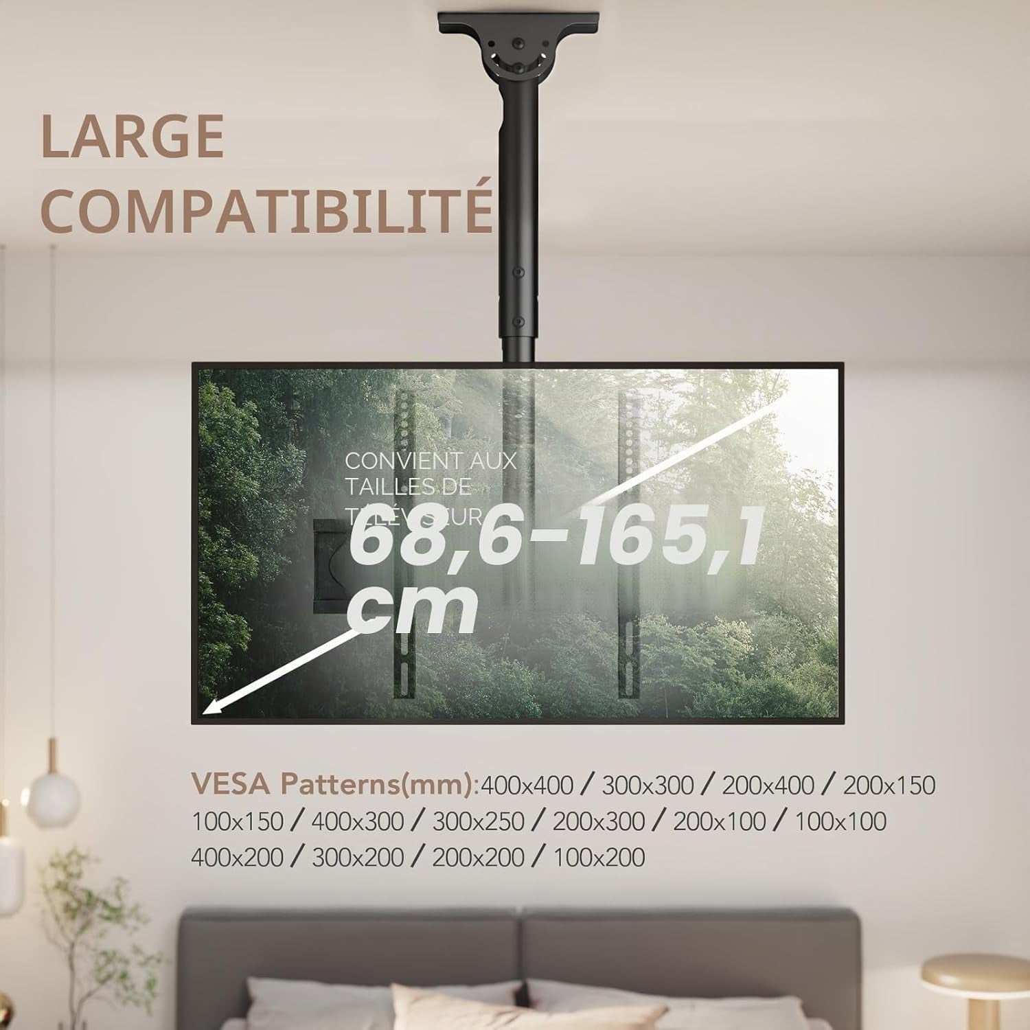 Support TV Plafond Pour Téléviseurs LCD LED Plats/Incurvé De 26 À 65 Pouces, VESA Jusqu'À 400×400Mm Charge 45 Kg, Inclinaison À 20° Et Rotation À 360°, Support Mural TV