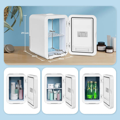 Mini Frigo 8L Avec Miroir LED, Mini Réfrigérateurs Portable, Petit Frigo Cosmetique 12V/220V, Frigo De Chambre Avec Fonction Chaud/Froid, Miroir De Maquillage Led Pour Voitures,Blanc