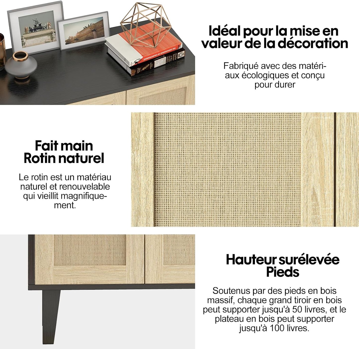 Meuble De Rangement En Rotin Et MDF, Buffets Haut Aspect Avec 4 Portes Sur Salon, Chambre, 127 X 38 X 83 Cm (Noir Et Bois), MEFRSB58