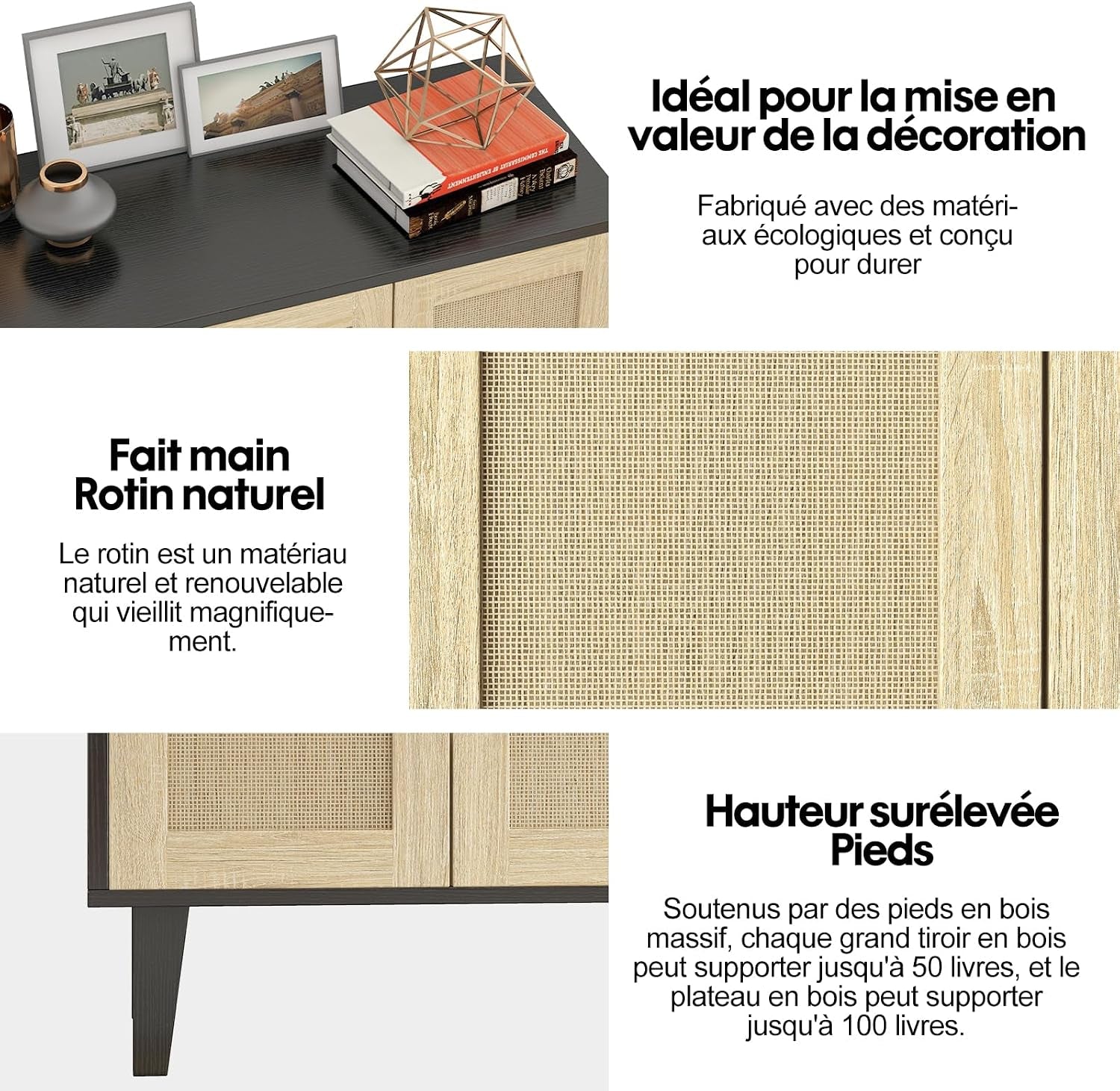 Meuble De Rangement En Rotin Et MDF, Buffets Haut Aspect Avec 4 Portes Sur Salon, Chambre, 127 X 38 X 83 Cm (Noir Et Bois), MEFRSB58