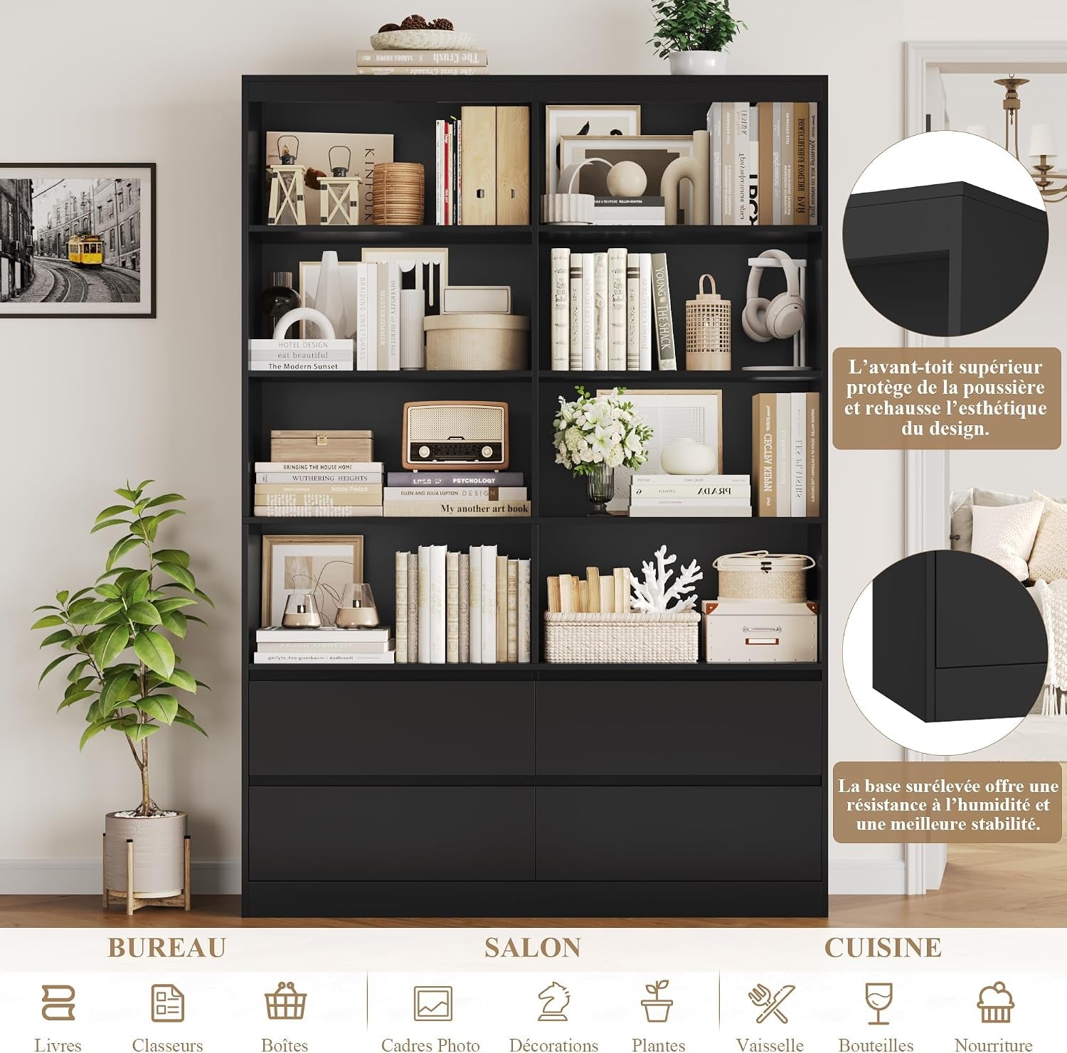Bibliotheque 120Cm Meuble De Rangement 4 Tiroirs 9 Étagères Noire | 120X30X180 Cm, Base Surélevée, Poignées Encastrées, Grande Bibliothèque Etagere Rangement, Pour Salon Bureau Chambre