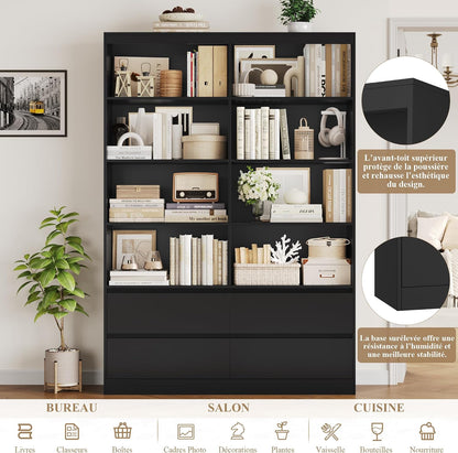 Bibliotheque 120Cm Meuble De Rangement 4 Tiroirs 9 Étagères Noire | 120X30X180 Cm, Base Surélevée, Poignées Encastrées, Grande Bibliothèque Etagere Rangement, Pour Salon Bureau Chambre