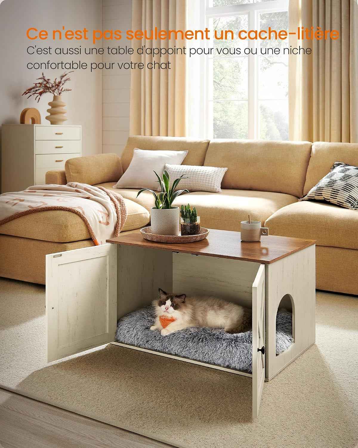 Maison De Toilettes Pour Chat, Niche, Meuble Litière Chat, Avec Séparateur Amovible, Cache-Litière, Table Basse, 80 X 53 X 50 Cm, Marron Miel Et Blanc Rustique PCL002P01V1