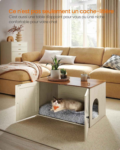 Maison De Toilettes Pour Chat, Niche, Meuble Litière Chat, Avec Séparateur Amovible, Cache-Litière, Table Basse, 80 X 53 X 50 Cm, Marron Miel Et Blanc Rustique PCL002P01V1