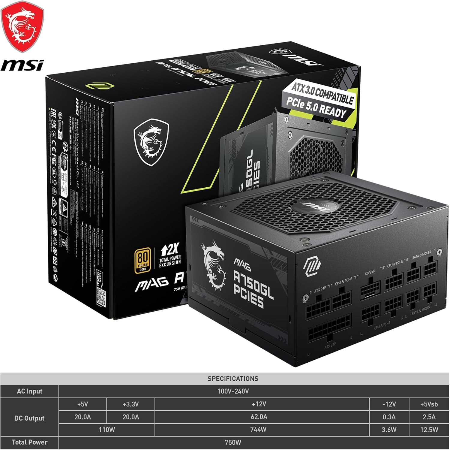 MSI MAG A750GL PCIE5 Alimentation Modulaire ATX 3.1, 80 plus Gold | 750W, Compatible Pcie 5.0, Ventilateur FDB 120Mm, Full-Bridge LLC, Câbles Plats Noirs, Garantie 7 Ans