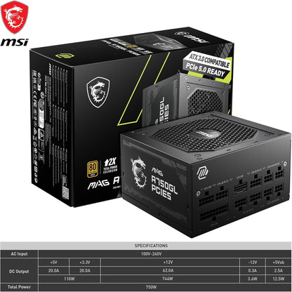 MSI MAG A750GL PCIE5 Alimentation Modulaire ATX 3.1, 80 plus Gold | 750W, Compatible Pcie 5.0, Ventilateur FDB 120Mm, Full-Bridge LLC, Câbles Plats Noirs, Garantie 7 Ans