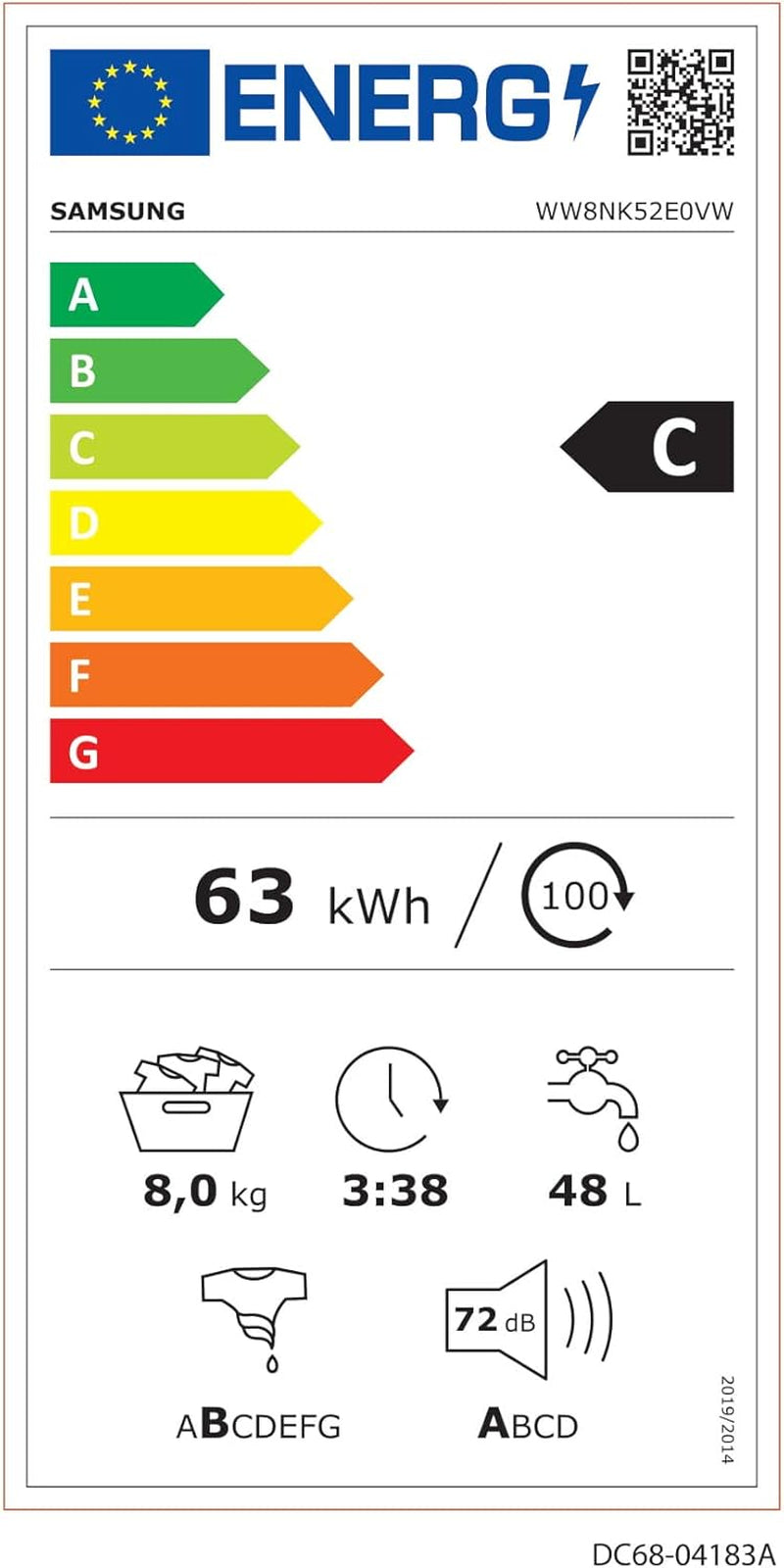 Addwash™ WW8NK52E0VW/ET Machine À Laver Slim Addwash™ WW8NK52E0VW/ET, Libre Installation, 8 Kg, 1200 Tr/Min, Classe C, Vapeur, Charge Avant, 60 L X 85 H X 45 P Cm