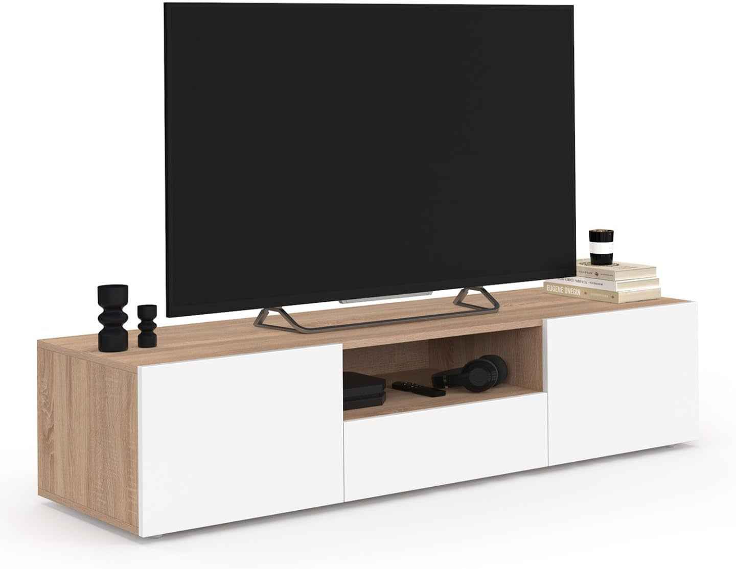 - Meuble TV 140 Cm ELI Bois Façon Hêtre Portes Blanches