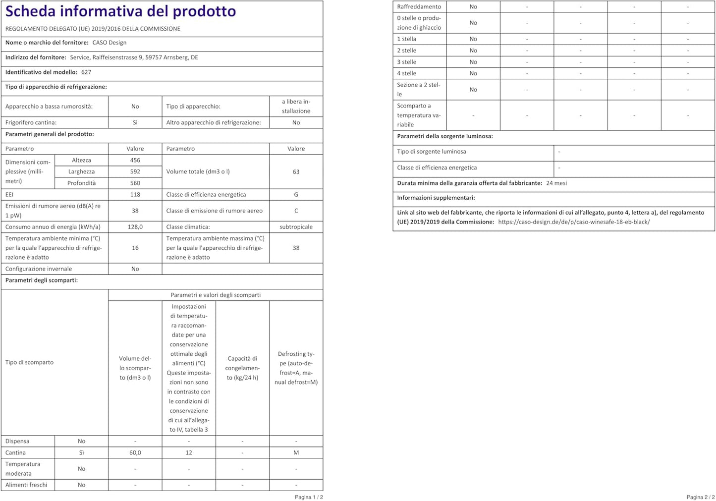 Caso 627 Vin Réfrigérateur Montage Encastré ()/A/44,5 Cm/138 Kwh/An/18 Bouteilles Partie Réfrigérateur/Congélateur Partie Isotherme/Électronique De Température Réglable De 5–20 °C/Noir
