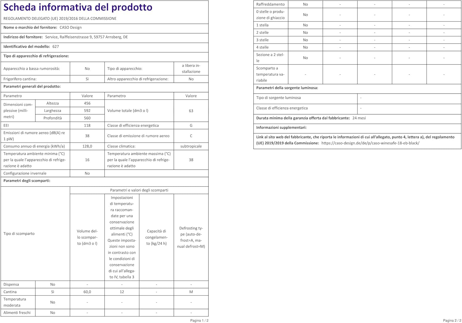 Caso 627 Vin Réfrigérateur Montage Encastré ()/A/44,5 Cm/138 Kwh/An/18 Bouteilles Partie Réfrigérateur/Congélateur Partie Isotherme/Électronique De Température Réglable De 5–20 °C/Noir
