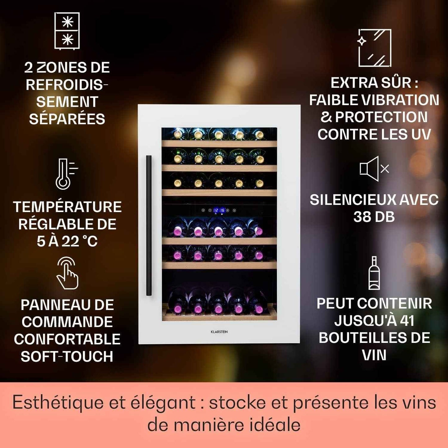 Cave a Vin Encastrable, Caves À Vin De 132L Avec Une Porte En Verre, Cave a Vins À Double Zone, Bar Intérieur/Extérieur, Frigo a De Vieillissement, À 41 Bouteilles