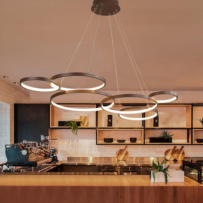Luminaire Suspendu LED Grand Lustre De Table D'Intérieur Hauteur Réglable Suspension Lampe De Salon Dimmable Avec Télécommande Lampes À Anneaux Modernes En Aluminium Plafonnier De Café Restaurant