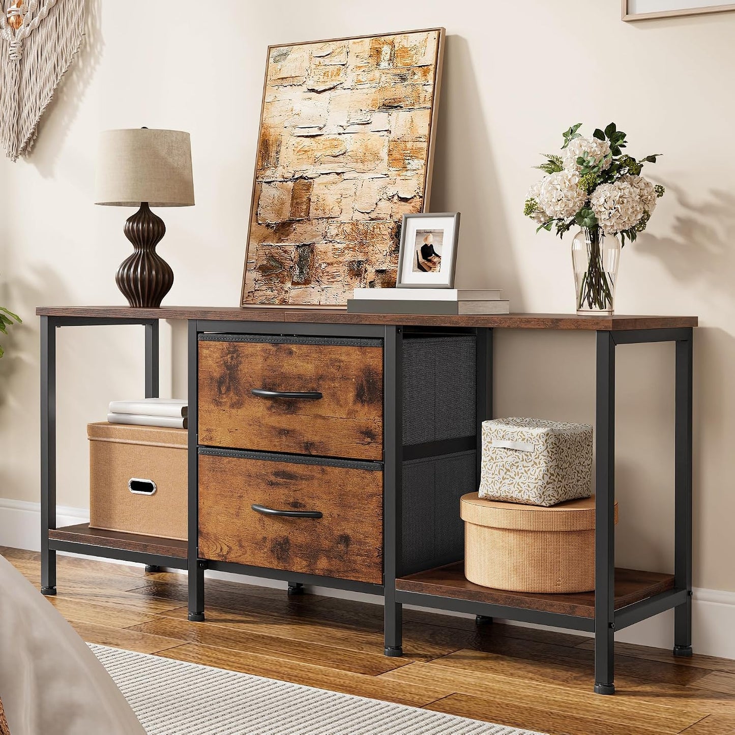 Meuble TV Jusqu'À 47", Meuble TV Avec 2 Tiroirs En Tissu Et 2 Étagères Ouvertes, Commode 110 X 30 X 50 Cm Pour Salon, Salle De Divertissement, Chambre À Coucher, Cadre En Acier