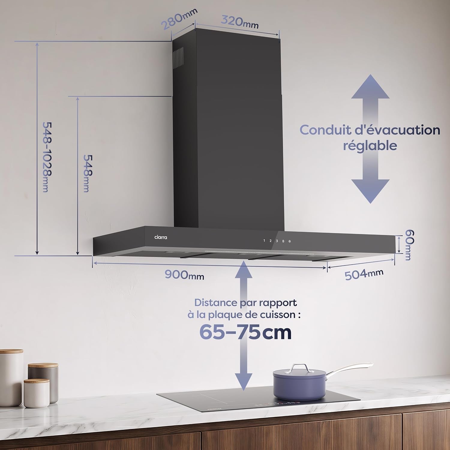 CBCB9102 Hotte Aspirante 90 Cm Classe A+++ 709 M³/H Wifi & APP Noir | Commande Tactile, 4 Vitesses & Boost, Filtre À Charbon CBCF003 Inclus, Recyclage Ou Évacuation, Affichage LED - Hotte Murale.
