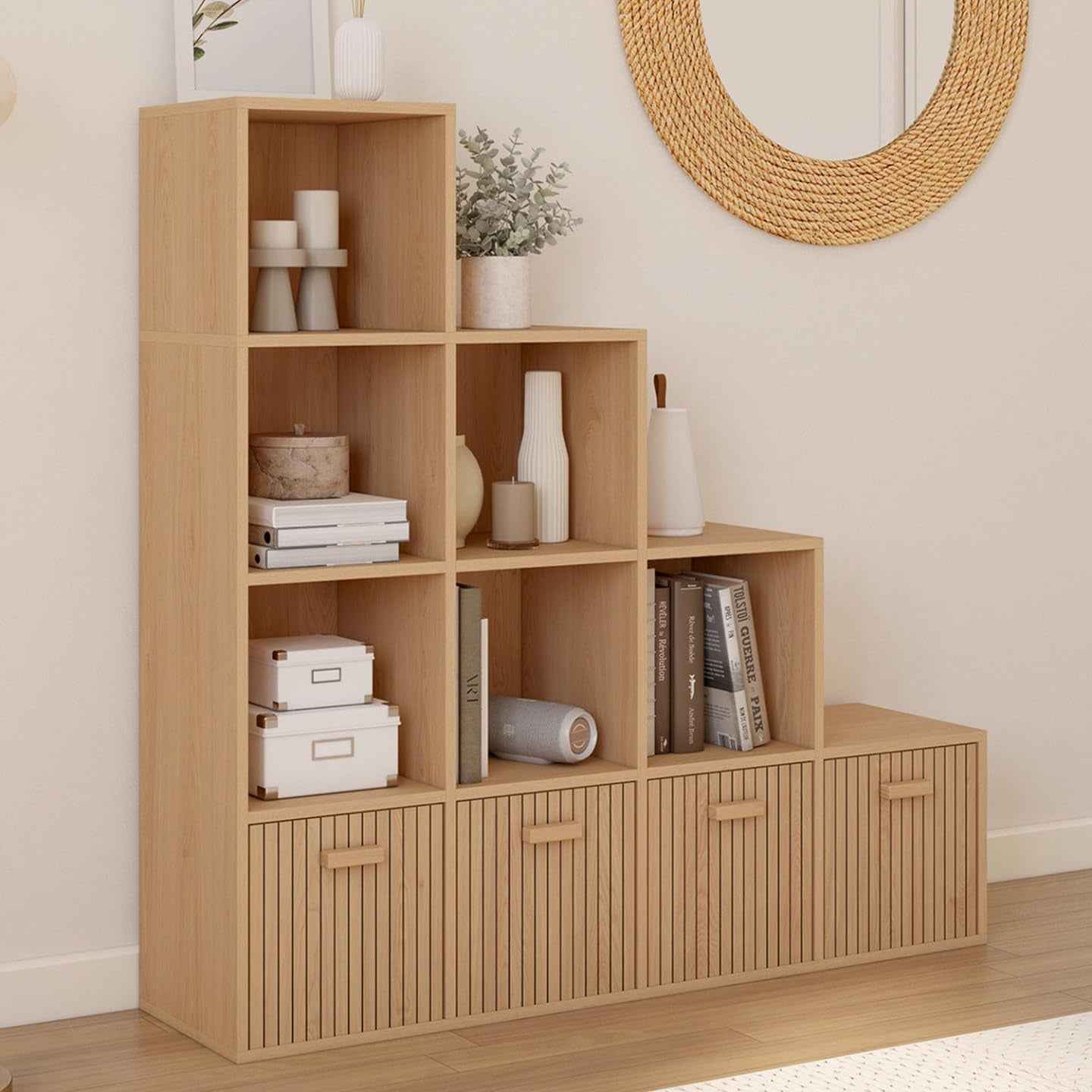 - Meuble De Rangement En Escalier LORYS Effet Lattes Juliette | 4 Niveaux Avec 4 Tiroirs En Tissu